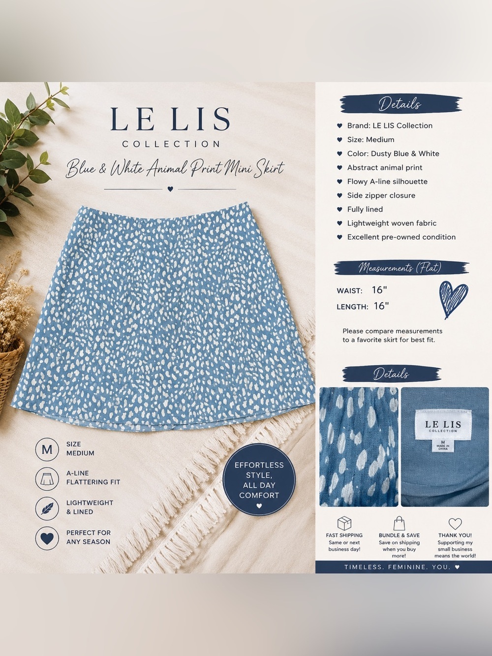 LE LIS Blue & White Animal Print Mini Skirt - Women's